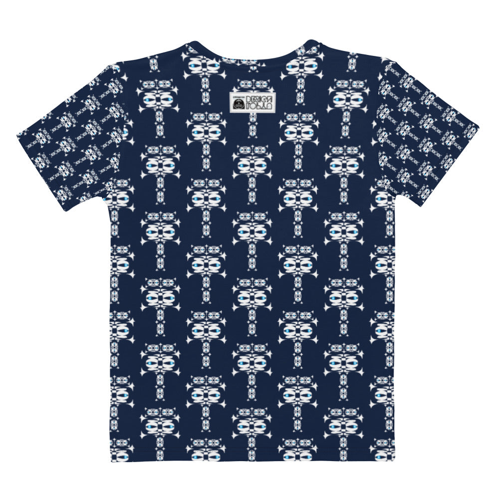 レディースクールネックTシャツ・白イジドール模様紺【CA001- TCNL001】