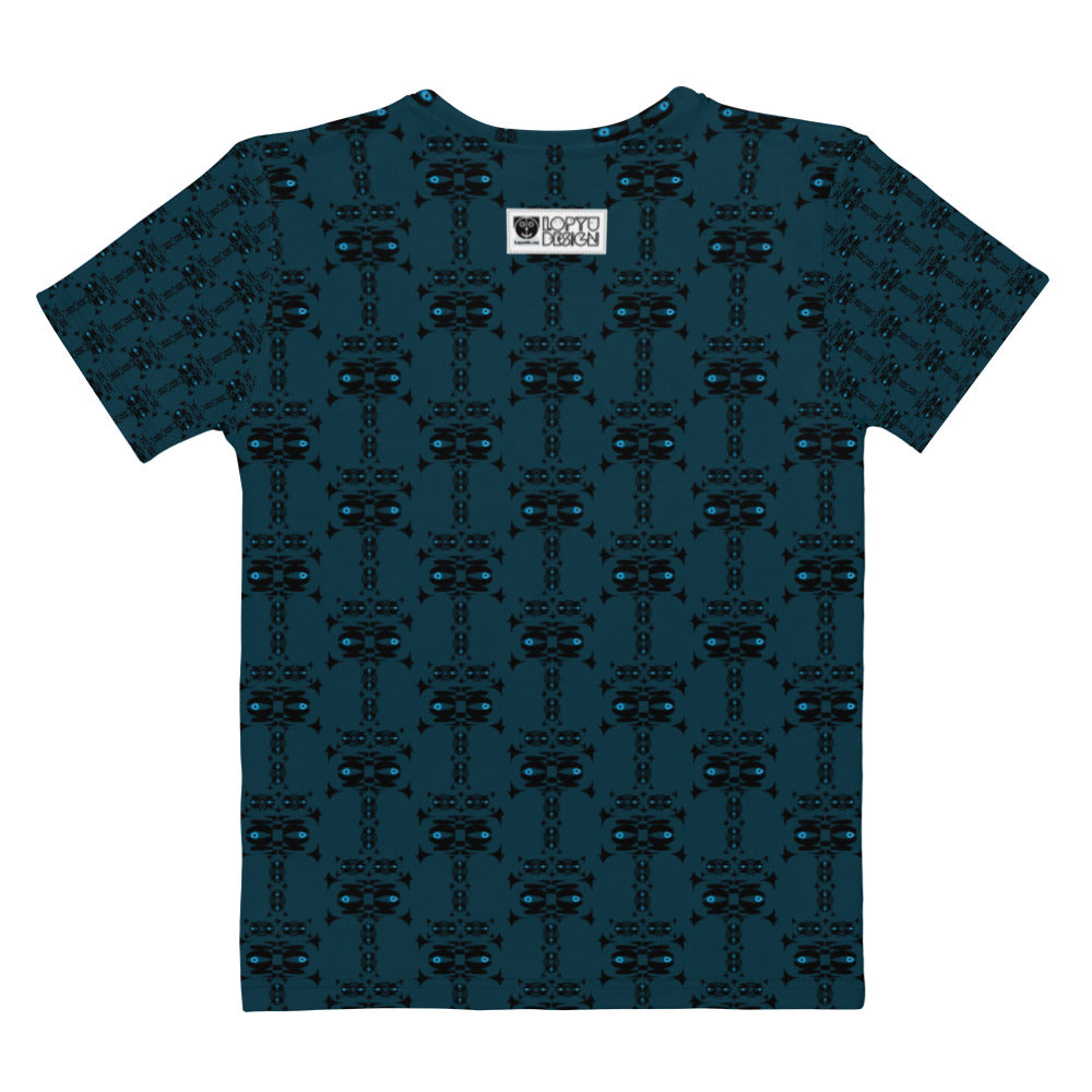 レディースクールネックTシャツ・イジドール模様紺【CA001- TCNL004】