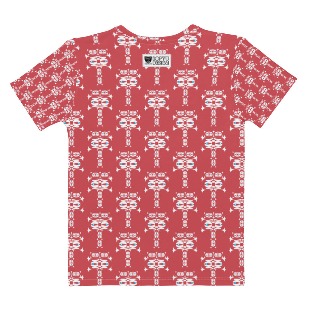 レディースクールネックTシャツ・白イジドール模様赤【CA001- TCNL002】