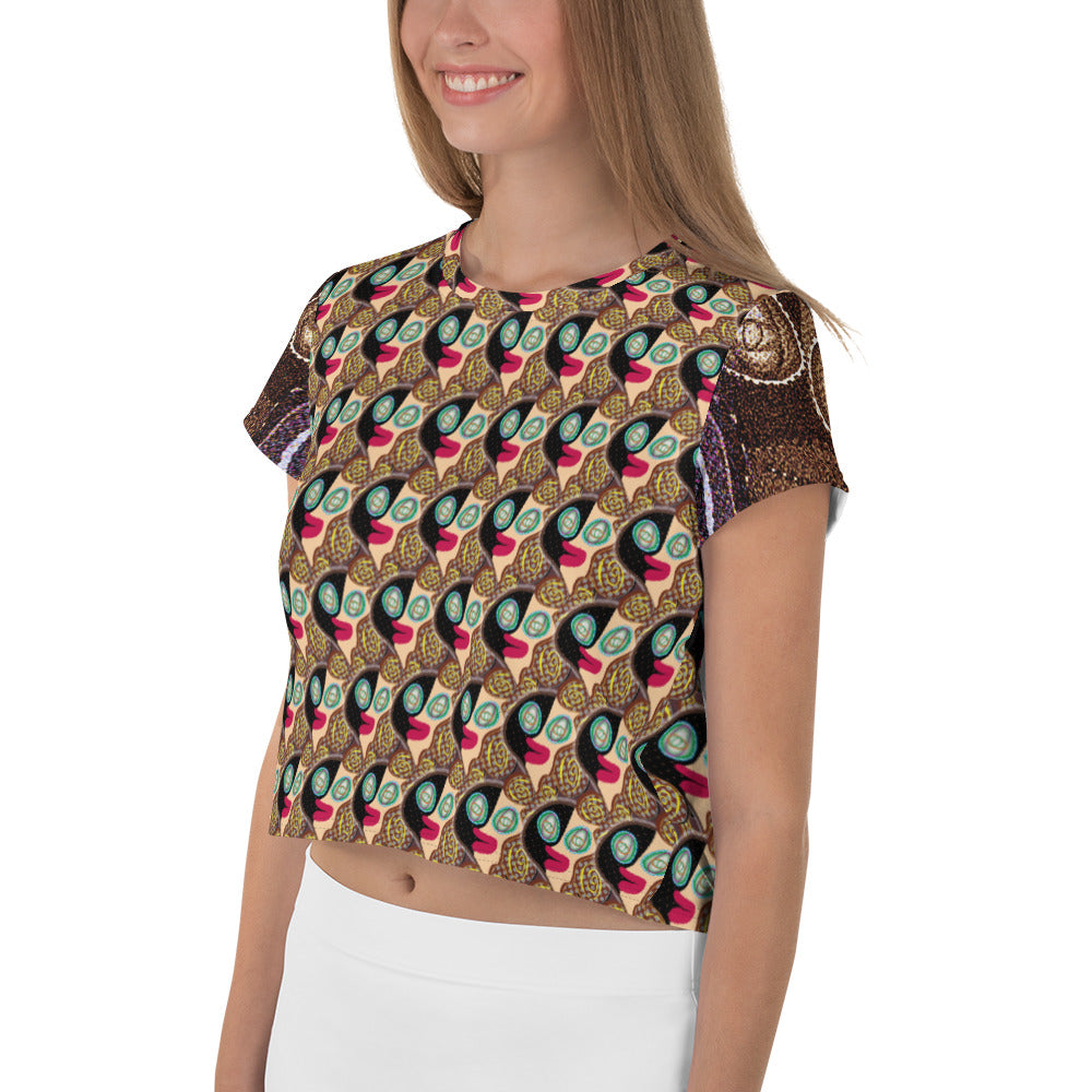 全面プリントクロップTシャツ・ラメコ模様臙脂袖【CA002- TCT005】