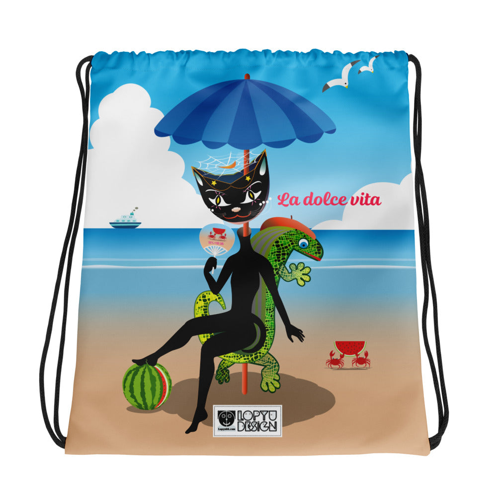ドローストリングバッグ・黒猫ガール「甘い生活」【IL005- WP021】