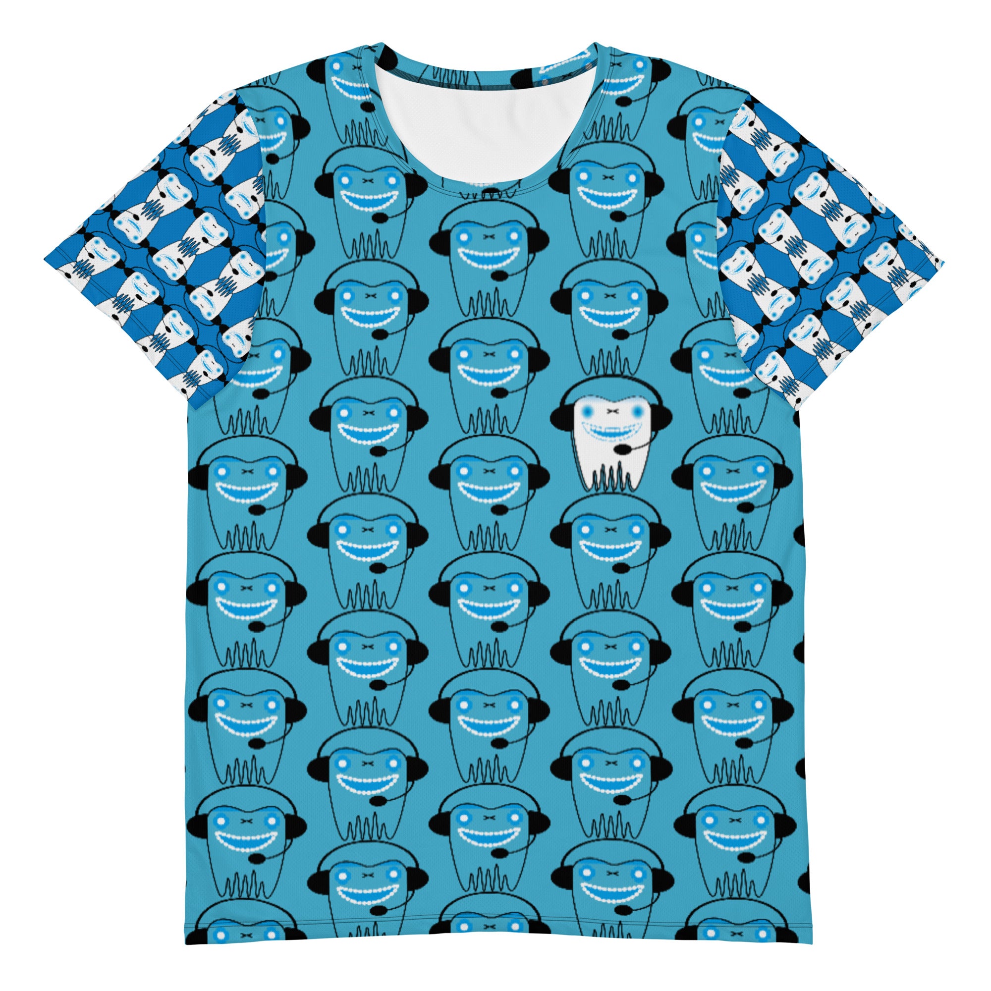 メンズ全面プリントアスレチックTシャツ・DJトゥースくん模様ブルー【CA034- TATM011】