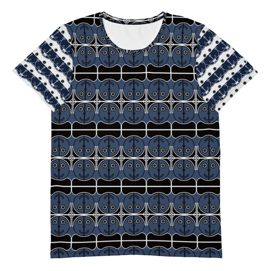 メンズ全面プリントアスレチックTシャツ・ロピュデザインロゴ模様ブルー【LD002- TATM010】