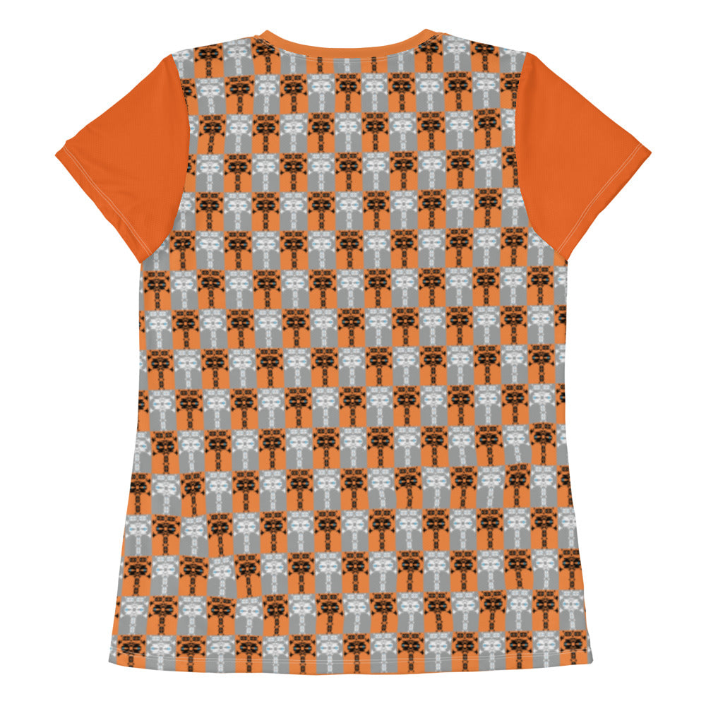 レディース全面プリントアスレチックTシャ・イジドール格子柄橙地【CA001- TATL001】