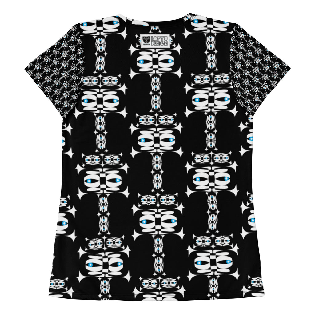 レディース全面プリントアスレチックTシャツ・イジドール模様黒【CA001- TATL005】