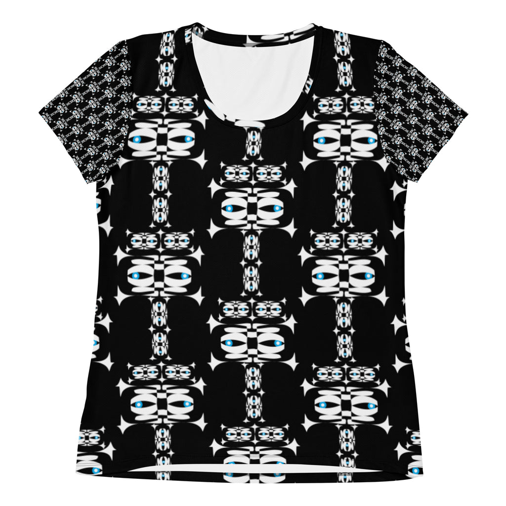 レディース全面プリントアスレチックTシャツ・イジドール模様黒【CA001- TATL005】