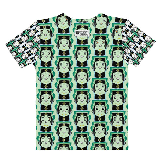 レディースクールネックTシャツ・ツータン模様緑袖【CA019- TCNL011】