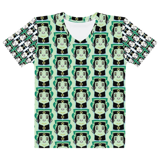 レディースクールネックTシャツ・ツータン模様緑袖【CA019- TCNL011】