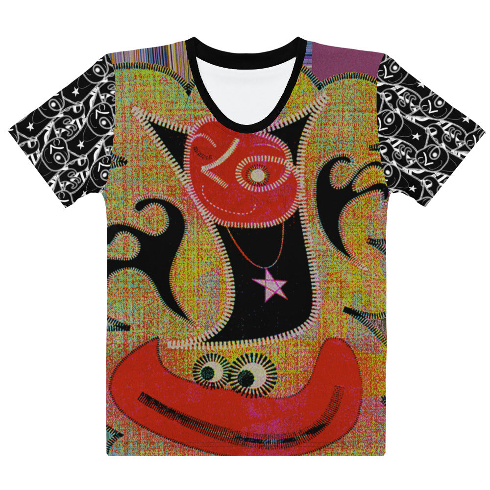 レディースクールネックTシャツ・パッチ大王ジェニー（黒スリーブ）【CA005- TCNL009】