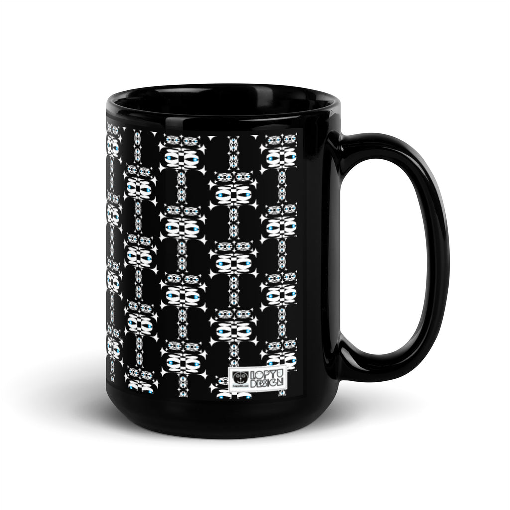 光沢マグカップ（ブラック）・白イジドール模様【CA001- MGB001】