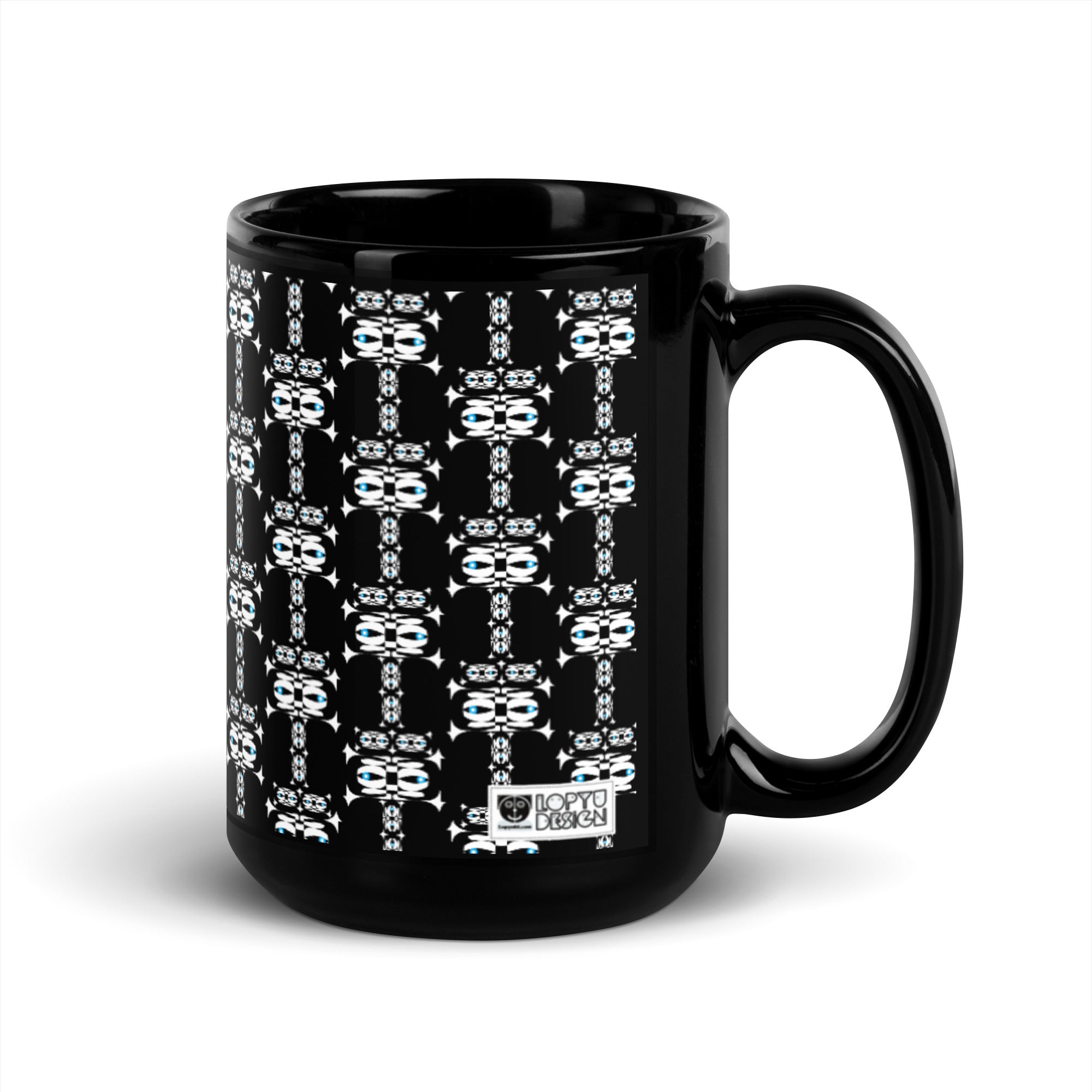 光沢マグカップ（ブラック）・白イジドール模様【CA001- MGB001】