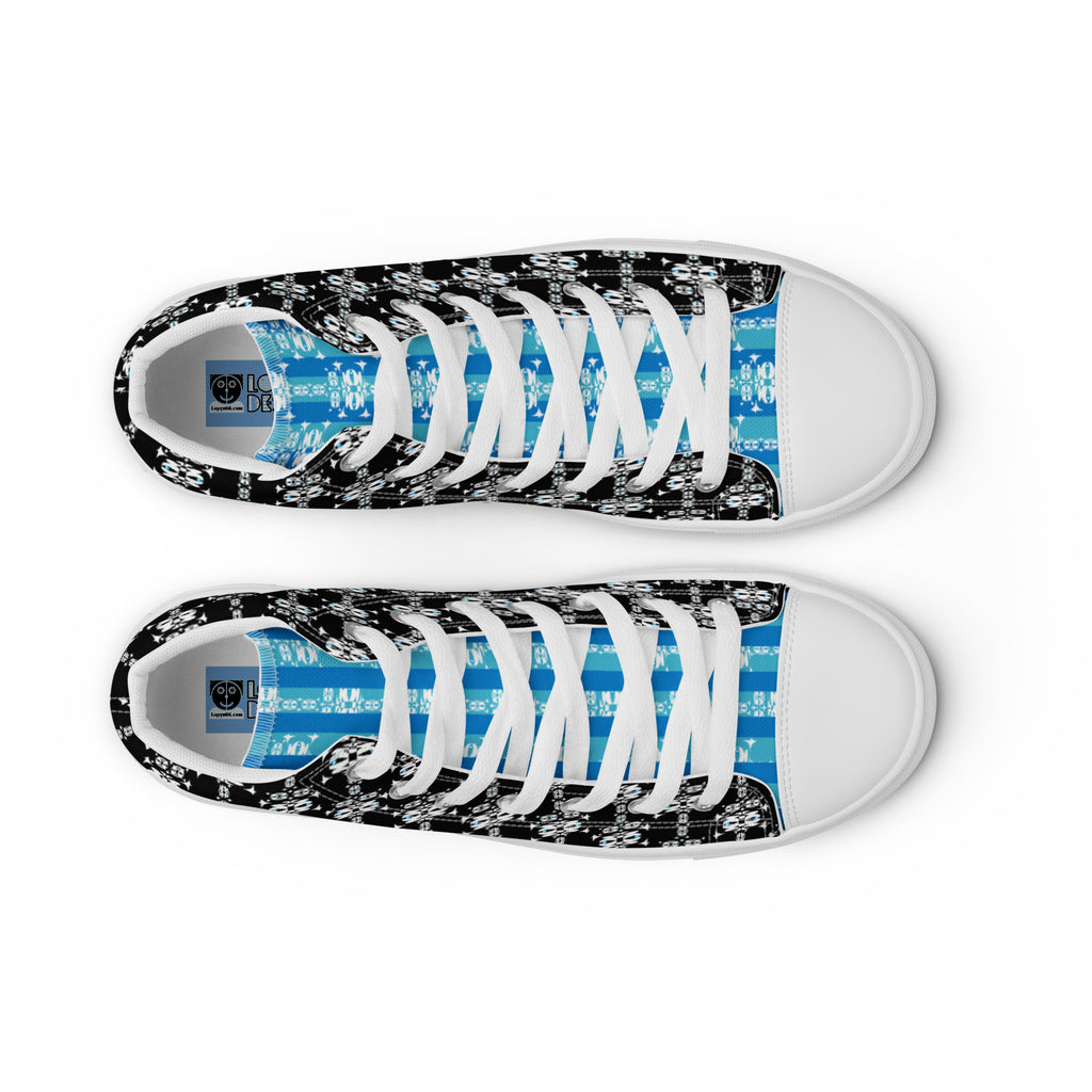 メンズ ハイカットスニーカー・白イジドール模様黒・水色タン【CA001- HCS004】