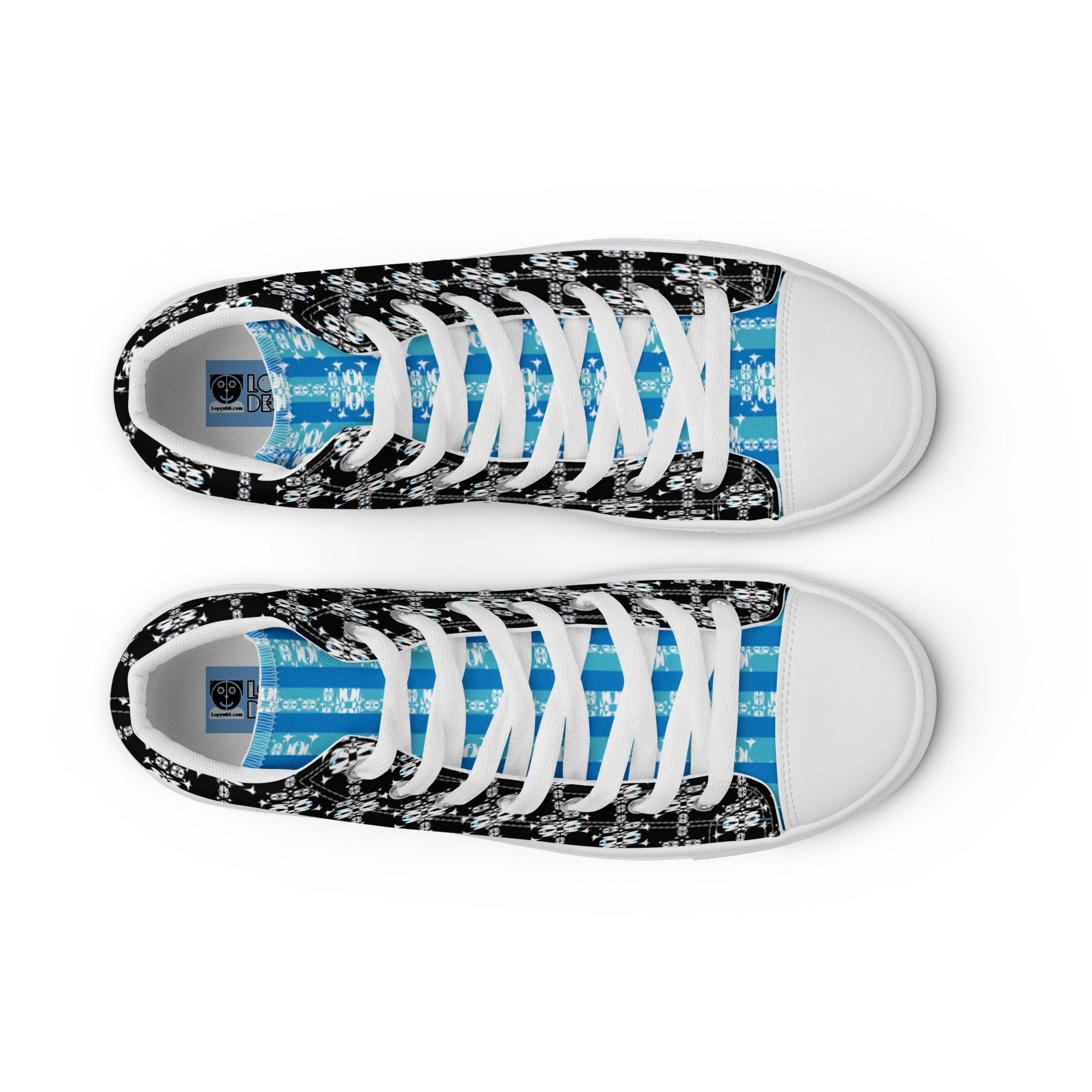 メンズ ハイカットスニーカー・白イジドール模様黒・水色タン【CA001- HCS004】