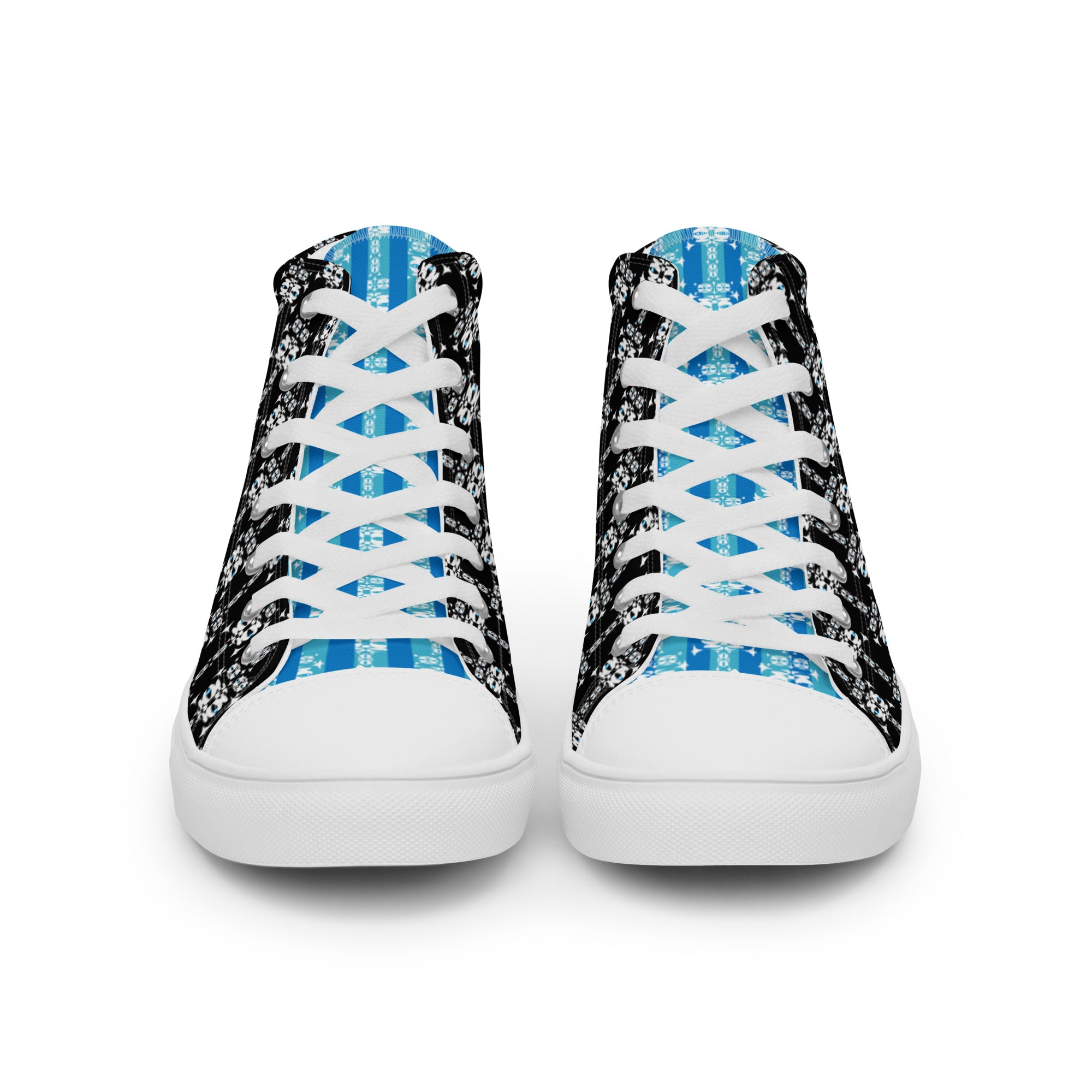 メンズ ハイカットスニーカー・白イジドール模様黒・水色タン【CA001- HCS004】