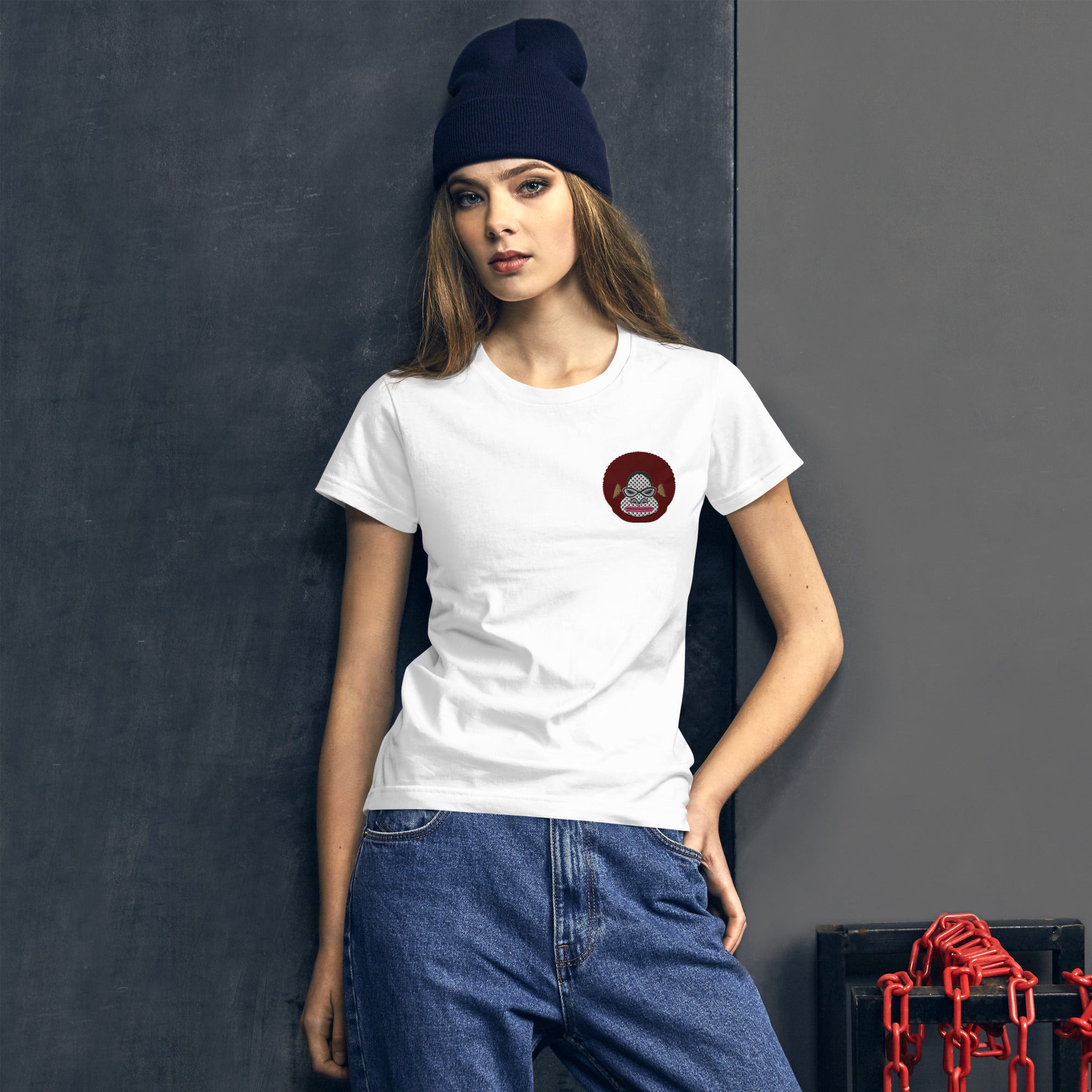 レディース ファッションフィットTシャツ・アフロゴリラダダ刺繍ワンポイント【CA076- FTL003】